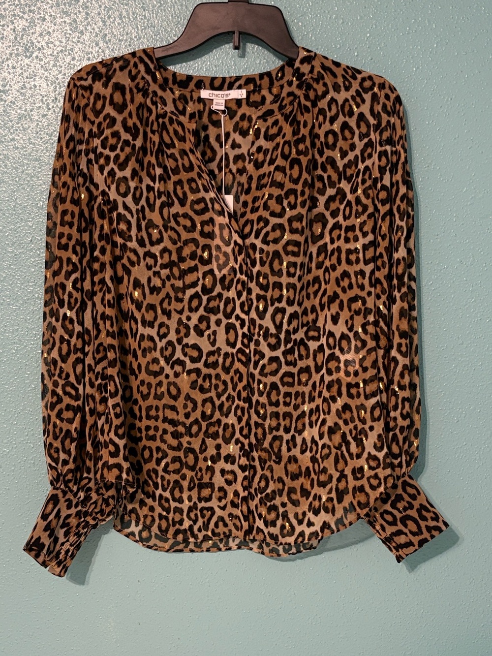 Chico's Leopard Print V-Neck Blouse - Brown/Black/Gold long sleeve new